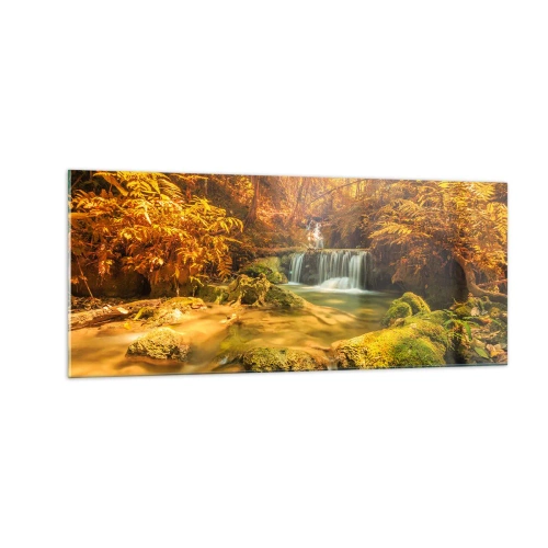 Cuadro sobre vidrio - Impresiones sobre Vidrio - Cascada forestal en oro - 100x40 cm
