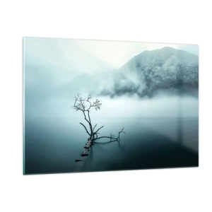 Cuadro sobre vidrio - Impresiones sobre Vidrio - Un árbol solitario con el telón de fondo de montañas envueltas en niebla sobre el agua. - 120x80cm - Fuera del agua y de la niebla - Decoración de pared moderna para salón y dormitorio ARTTOR