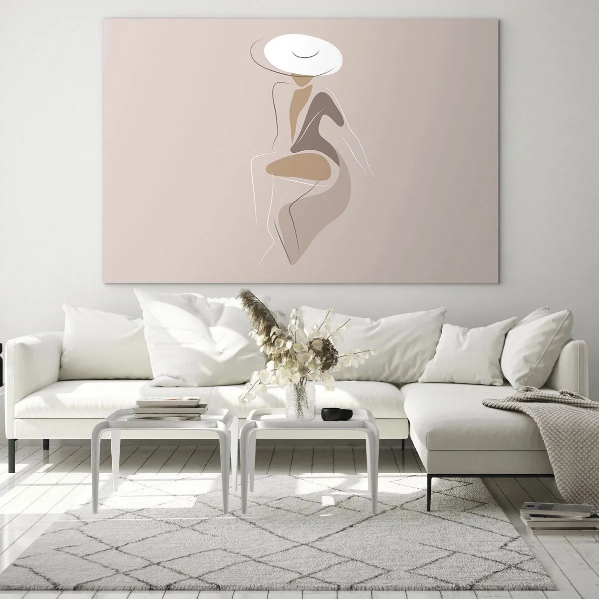 Cuadro sobre vidrio - Impresiones sobre Vidrio - Silueta de una mujer con sombrero sobre un fondo beige - 70x50cm - Una auténtica dama - Decoración de pared moderna para salón y dormitorio ARTTOR