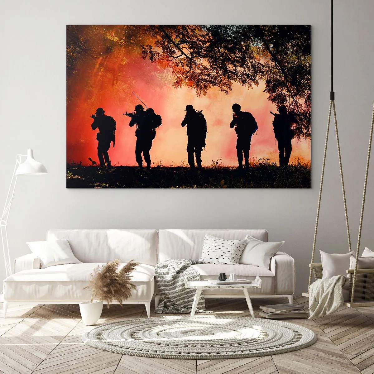 Cuadro sobre vidrio - Impresiones sobre Vidrio - Un grupo de soldados marchando con el telón de fondo de un bosque en llamas. - 70x50cm - ...Todo para uno. - Decoración de pared moderna para salón y dormitorio ARTTOR