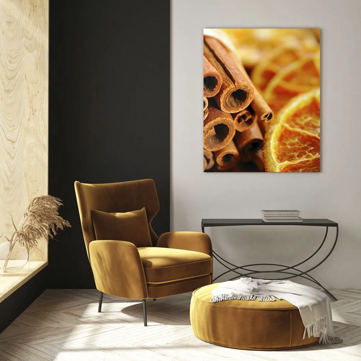 Cuadro sobre vidrio - Impresiones sobre Vidrio - Primer plano de ramas de canela y rodajas de naranja secas - 50x70cm - ¿Puedes oler su aroma? - Decoración de pared moderna para salón y dormitorio ARTTOR