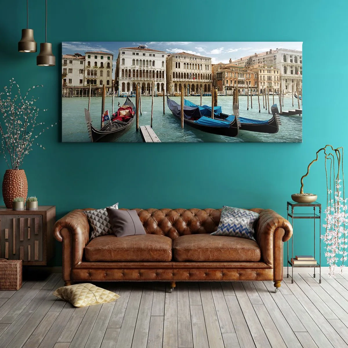 Cuadro sobre lienzo - Impresión de Imagen - Venecia con góndolas y palacios contra el cielo - 120x50cm - Palacios en azul - Decoración de pared moderna para salón y dormitorio ARTTOR