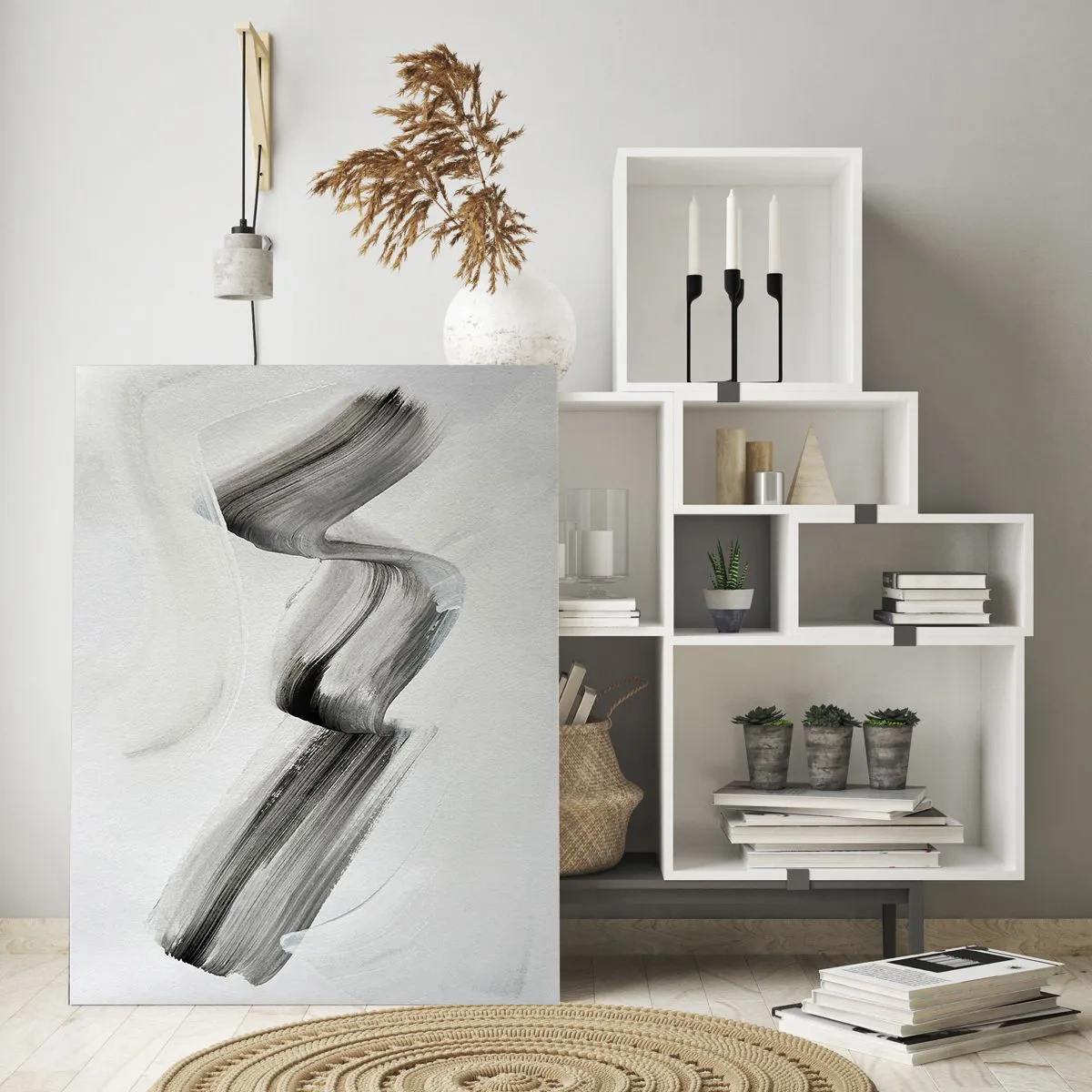 Cuadro sobre vidrio - Impresiones sobre Vidrio - Pincelada abstracta gris sobre un fondo claro - 50x70cm - Solo por diversión - Decoración de pared moderna para salón y dormitorio ARTTOR