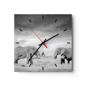 Reloj de pared - Reloj de vidrio - Dos elefantes con la sabana africana como telón de fondo - 30x30cm - El gris es hermoso - Decoración de pared moderna para salón y dormitorio ARTTOR
