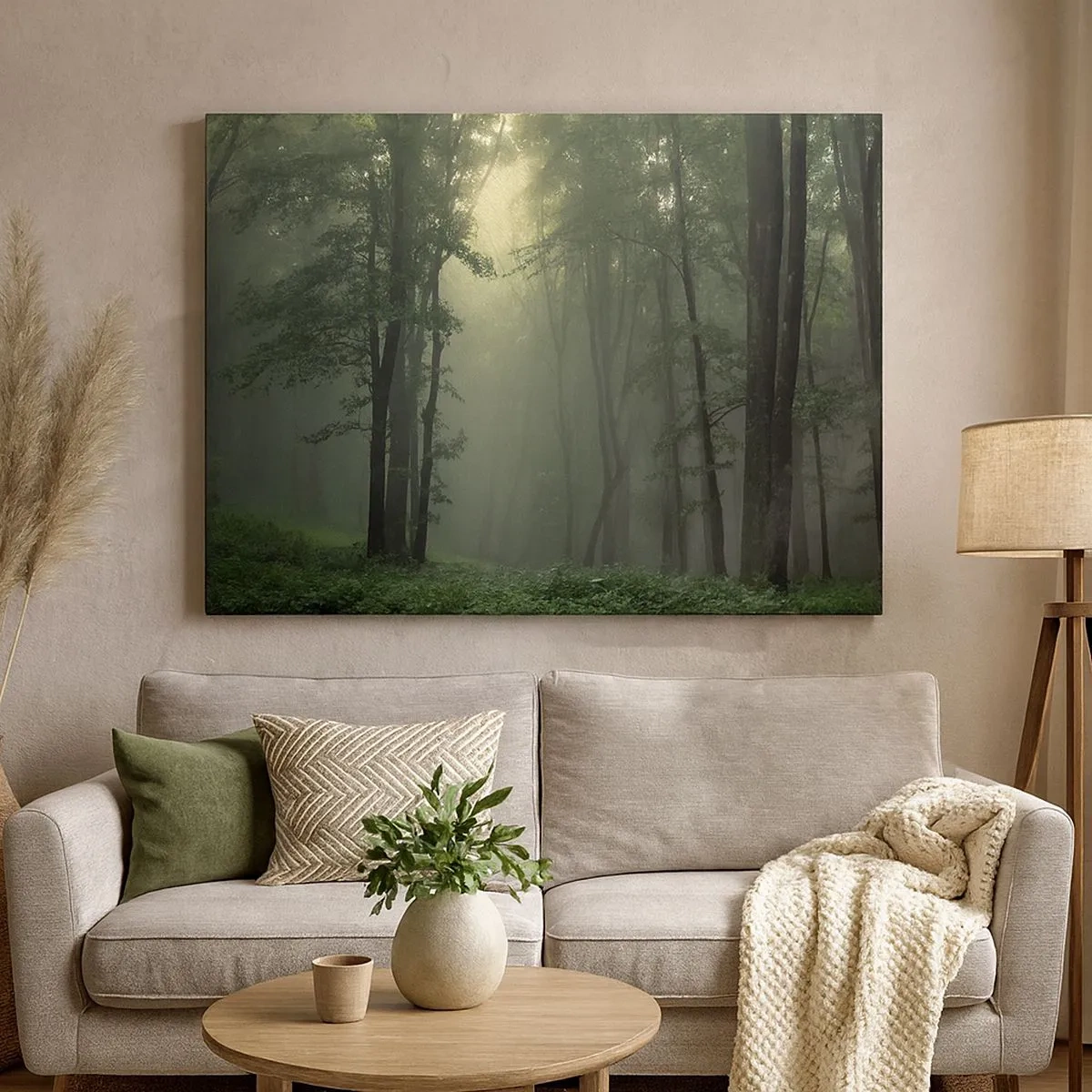 Cuadro sobre lienzo - Impresión de Imagen - Un bosque verde por la mañana envuelto en una delicada niebla. - 70x50cm - Antes de que se despierte el bosque - Decoración de pared moderna para salón y dormitorio ARTTOR