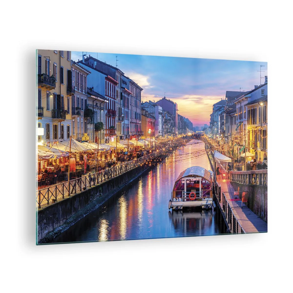 Cuadro sobre vidrio - Impresiones sobre Vidrio - Vista nocturna del canal iluminado con barcos y cafés. - 70x50cm - Una noche de luz y diversión - Decoración de pared moderna para salón y dormitorio ARTTOR