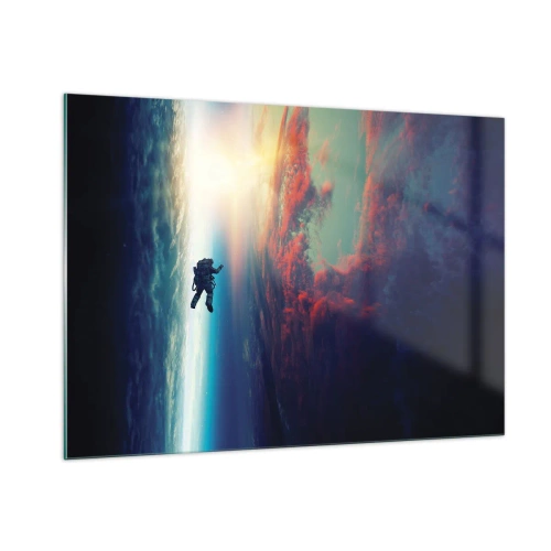 Cuadro sobre vidrio - Impresiones sobre Vidrio - Un astronauta flotando a través del espacio hacia la luz. - 100x70cm - Enfrentarse al universo - Decoración de pared moderna para salón y dormitorio ARTTOR