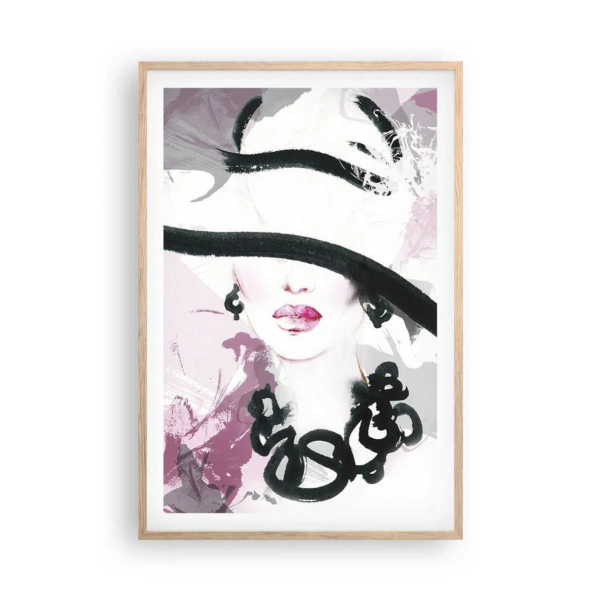 Póster en marco roble claro - Retrato de una dama en negro y rosa - 61x91 cm