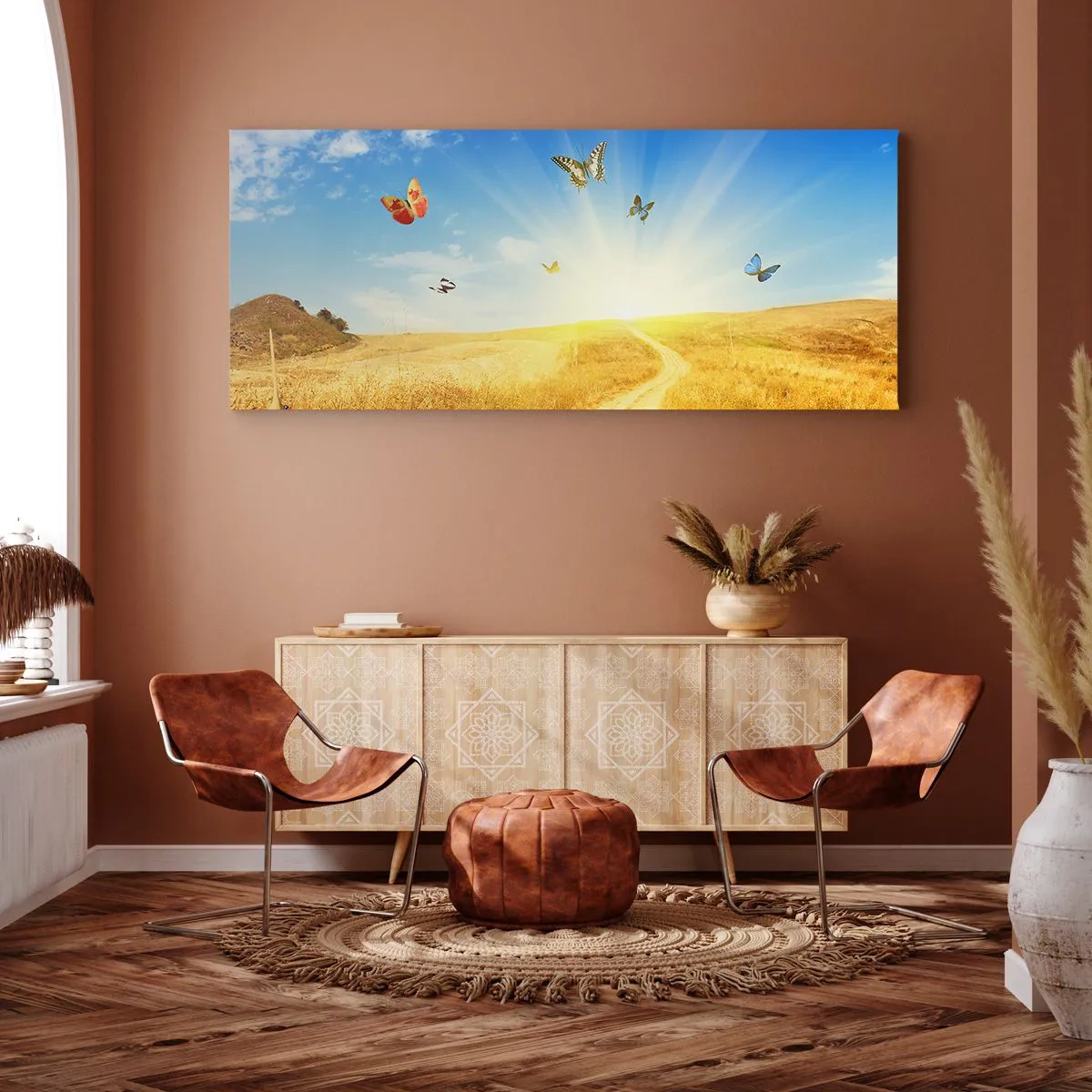 Cuadro sobre lienzo - Impresión de Imagen - Un campo dorado, un camino y mariposas contra un cielo azul. - 120x50cm - ¿Cómo no amar el verano? - Decoración de pared moderna para salón y dormitorio ARTTOR