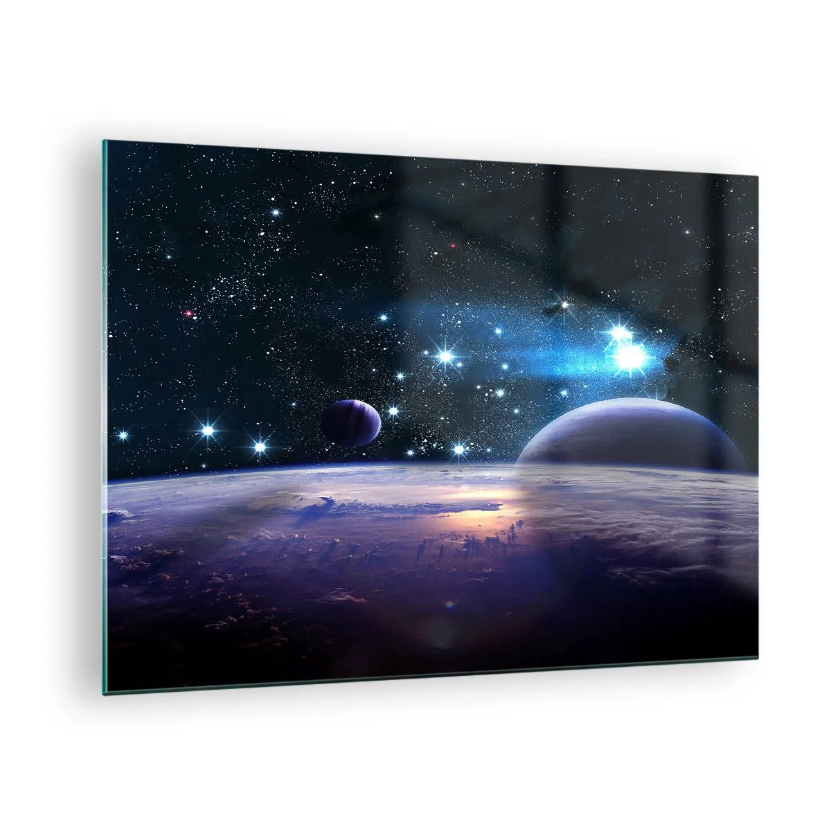 Cuadro sobre vidrio - Impresiones sobre Vidrio - Un paisaje espacial con planetas y estrellas sobre el fondo de una galaxia. - 70x50cm - ¿Sigues solo? - Decoración de pared moderna para salón y dormitorio ARTTOR