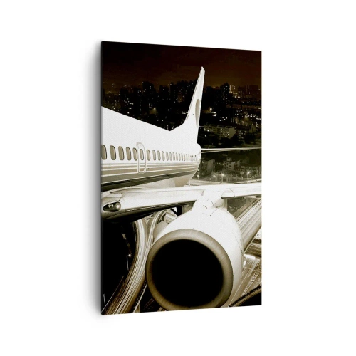 Cuadro sobre lienzo - Impresión de Imagen - Un avión sobre una ciudad nocturna con carreteras iluminadas. - 80x120cm - Vuela hacia la noche - Decoración de pared moderna para salón y dormitorio ARTTOR