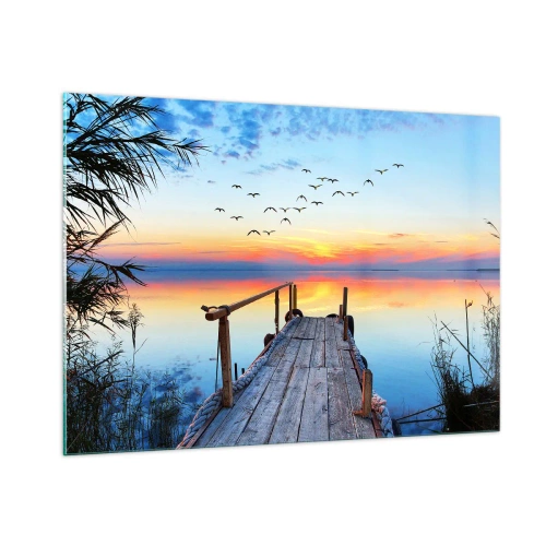 Cuadro sobre vidrio - Impresiones sobre Vidrio - Un embarcadero de madera sobre un lago al atardecer con una bandada de pájaros volando sobre él. - 100x70cm - Es hora de volver... - Decoración de pared moderna para salón y dormitorio ARTTOR