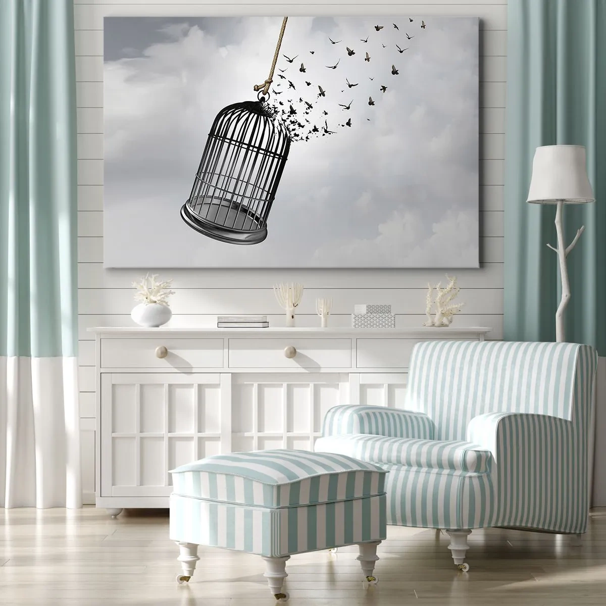 Cuadro sobre lienzo - Impresión de Imagen - Pájaros volando desde una jaula contra el cielo. - 100x70cm - Fe... Esperanza... ¡Libertad! - Decoración de pared moderna para salón y dormitorio ARTTOR