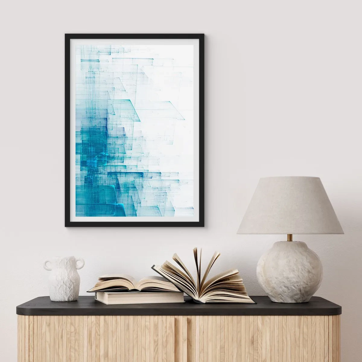 Póster en marco negro - Composición geométrica abstracta en tonos azules y blancos. - 50x70cm - Cómo se hizo el espacio - Decoración de pared moderna para salón y dormitorio ARTTOR