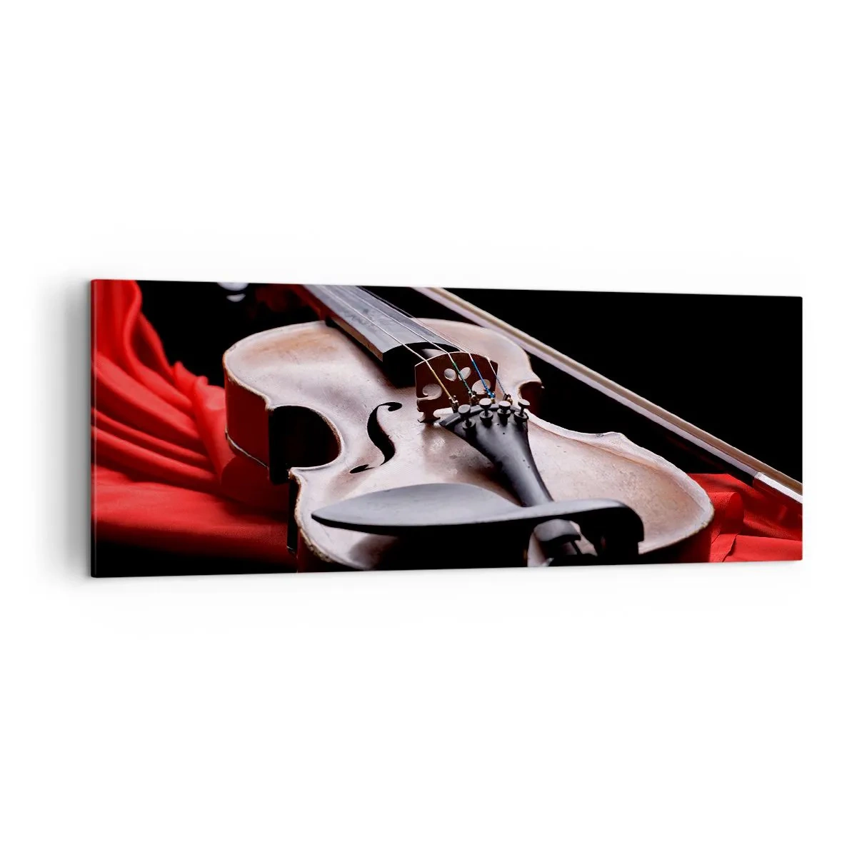 Cuadro sobre lienzo - Impresión de Imagen - Violín sobre tela roja con fondo negro. - 140x50cm - Música de sentimientos - Decoración de pared moderna para salón y dormitorio ARTTOR