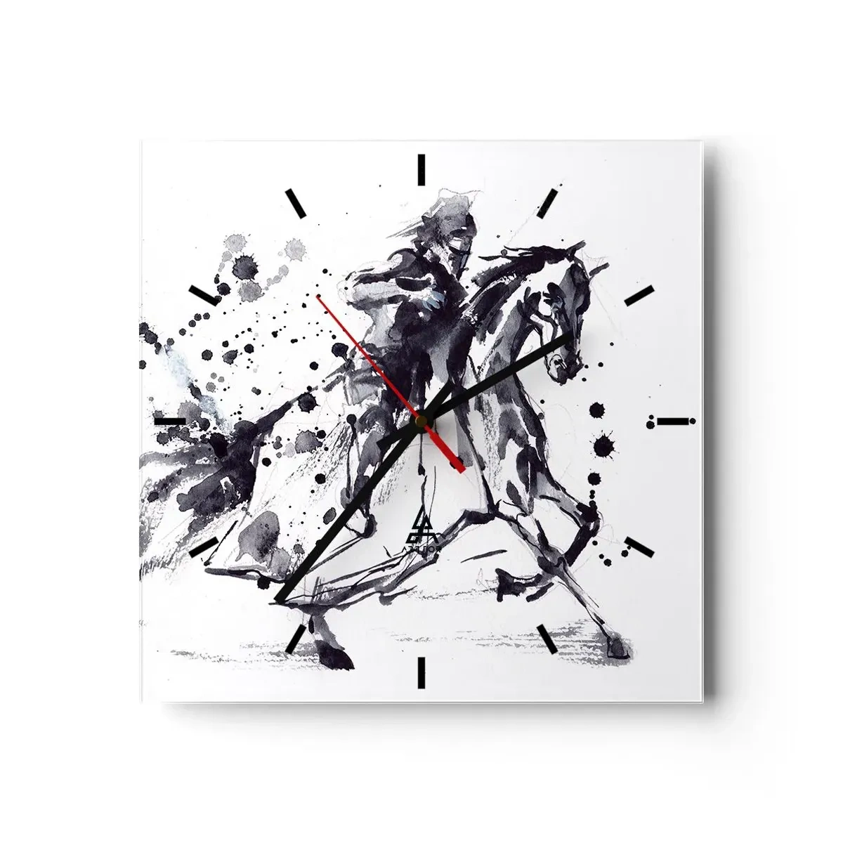 Reloj de pared - Reloj de vidrio - Acuarela en blanco y negro de un jinete sobre un caballo al galope. - 30x30cm - Caballero negro - Decoración de pared moderna para salón y dormitorio ARTTOR