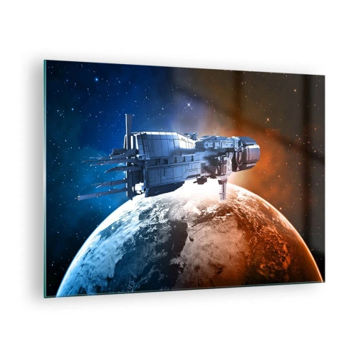 Cuadro sobre vidrio - Impresiones sobre Vidrio - Una nave espacial orbitando un planeta a la luz de las estrellas. - 70x50cm - Un observador atento - Decoración de pared moderna para salón y dormitorio ARTTOR