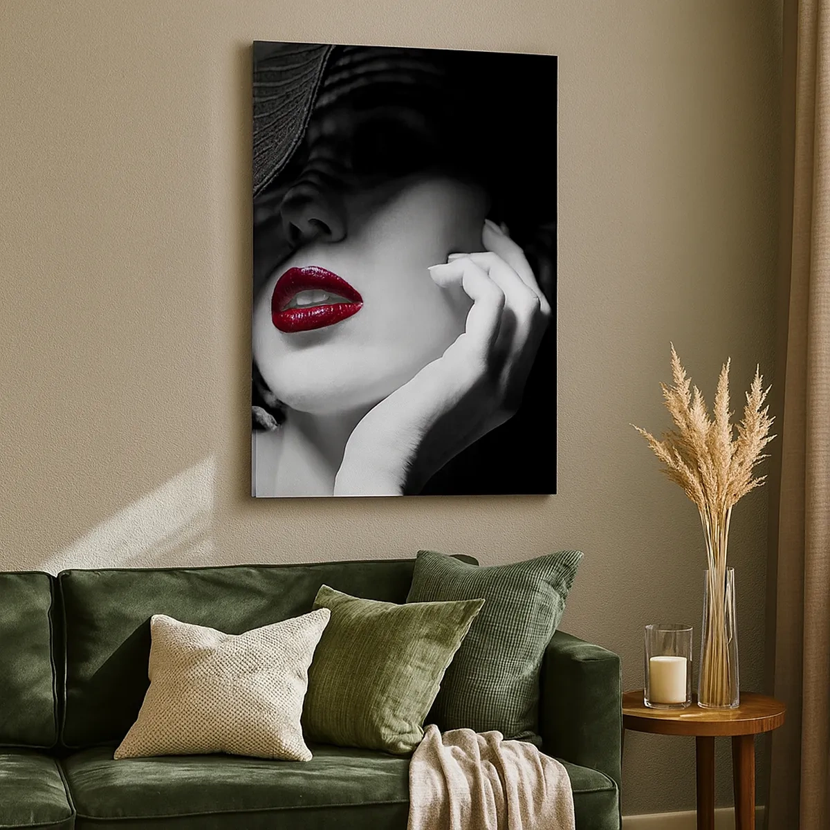 Cuadro sobre lienzo - Impresión de Imagen - Retrato en blanco y negro de una mujer con labios rojos. - 50x70cm - Estudio en escarlata - Decoración de pared moderna para salón y dormitorio ARTTOR
