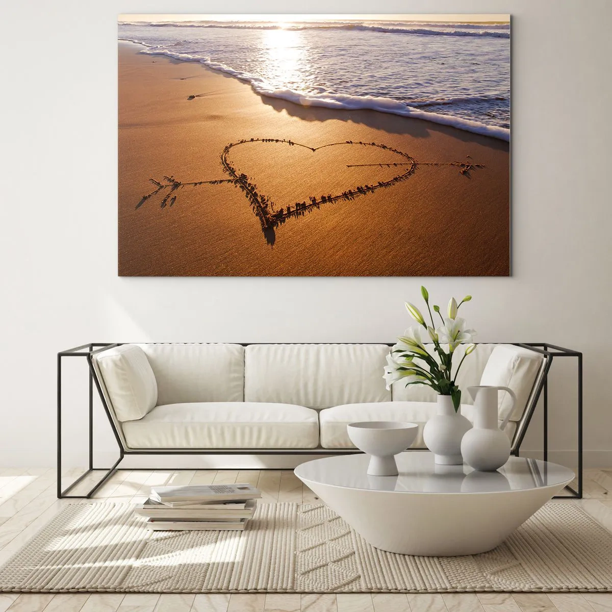Cuadro sobre vidrio - Impresiones sobre Vidrio - Un corazón dibujado en la arena iluminado por los rayos del sol. - 70x50cm - Una confesión de vacaciones - Decoración de pared moderna para salón y dormitorio ARTTOR