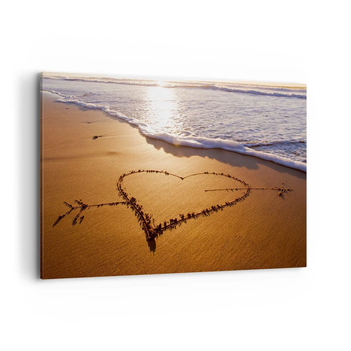 Cuadro sobre lienzo - Impresión de Imagen - Un corazón hecho de arena en la playa durante el atardecer. - 120x80cm - Una confesión de vacaciones - Decoración de pared moderna para salón y dormitorio ARTTOR
