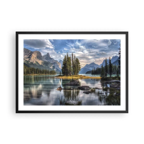 Póster en marco negro - Un paisaje de montaña con una isla rodeada por un lago tranquilo. - 70x50cm - Sobre el agua cristalina... - Decoración de pared moderna para salón y dormitorio ARTTOR