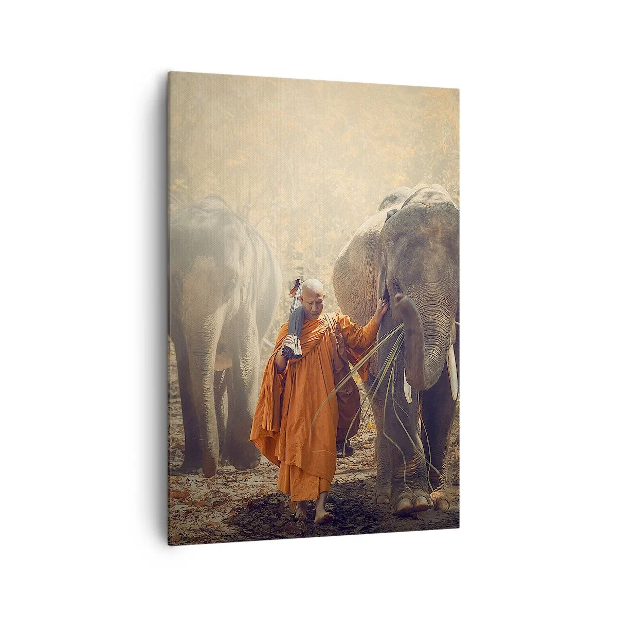 Cuadro sobre lienzo - Impresión de Imagen - Un monje con una túnica naranja guía un elefante en el bosque. - 70x100cm - Comprensión total - Decoración de pared moderna para salón y dormitorio ARTTOR
