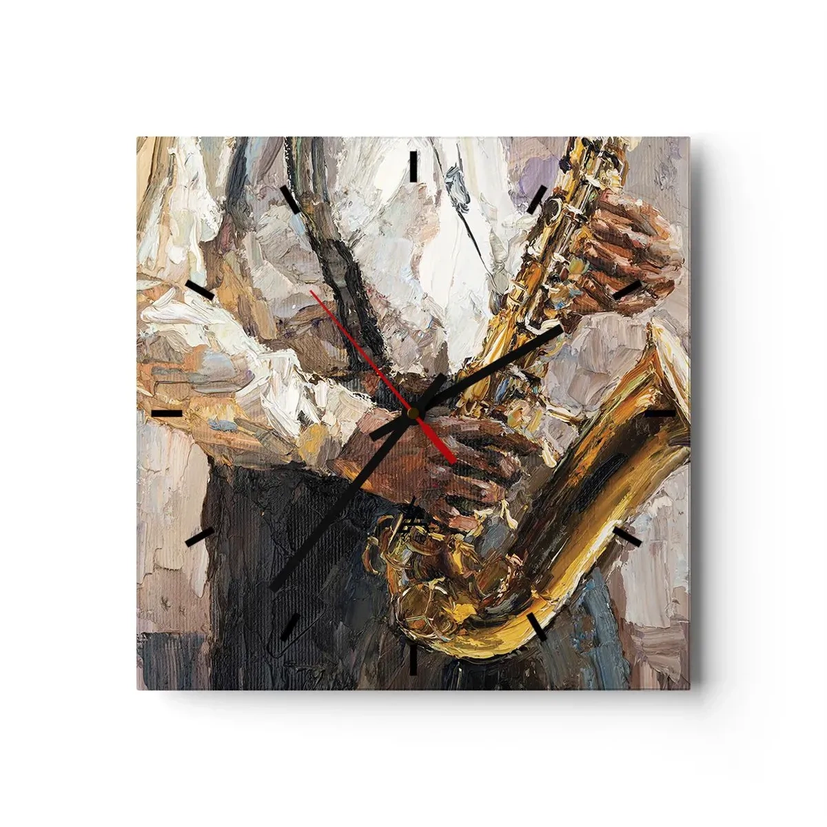 Reloj de pared - Reloj de vidrio - Un músico tocando el saxofón con un estilo artístico. - 30x30cm - Llegó el momento del solo - Decoración de pared moderna para salón y dormitorio ARTTOR