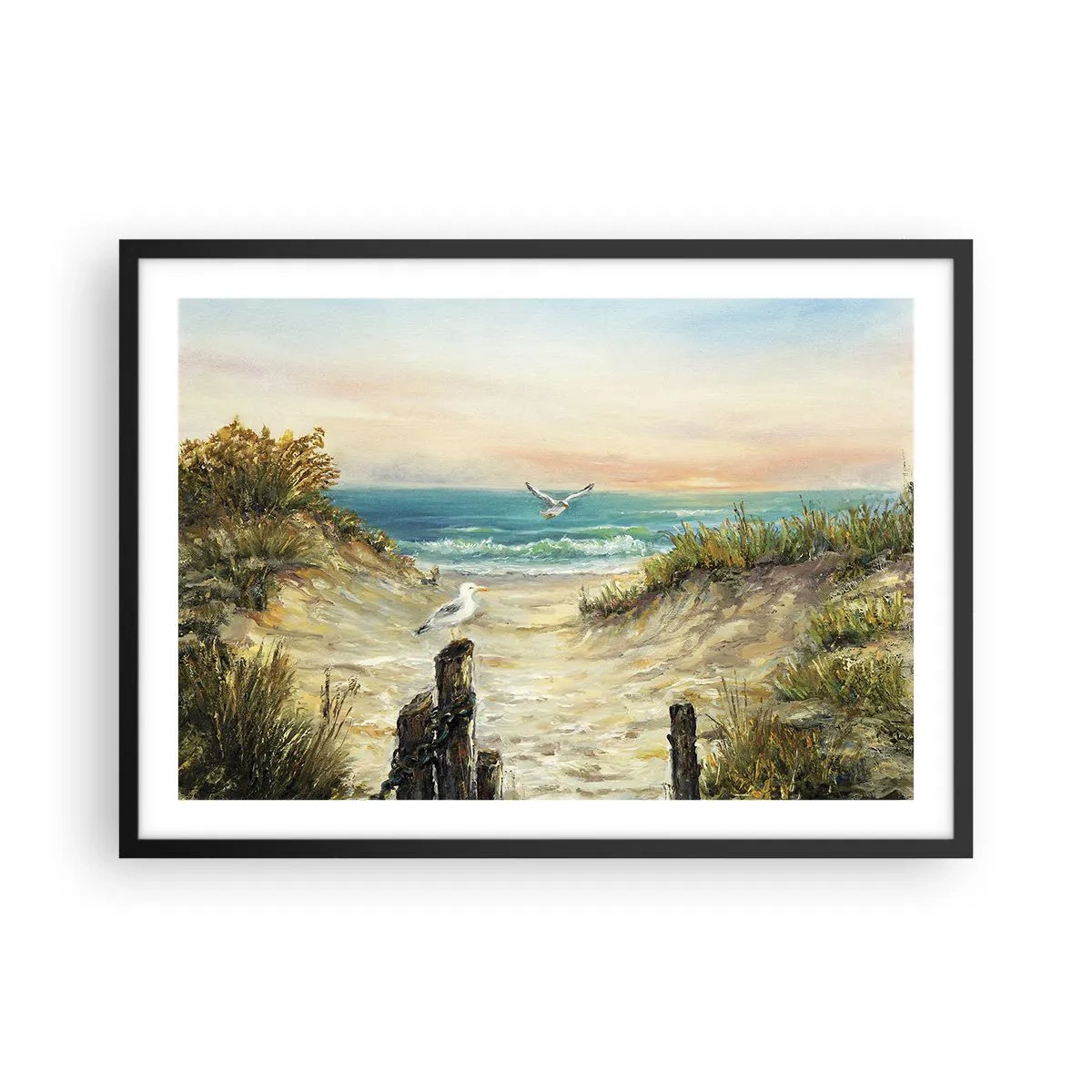 Póster en marco negro - Costa con gaviotas y dunas al atardecer - 70x50cm - Un retiro ventoso - Decoración de pared moderna para salón y dormitorio ARTTOR