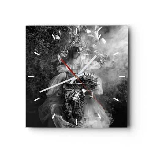 Reloj de pared - Reloj de vidrio - Una composición en blanco y negro con una figura con un vestido y una jaula en la niebla. - 30x30cm - La madre misma - La naturaleza - Decoración de pared moderna para salón y dormitorio ARTTOR