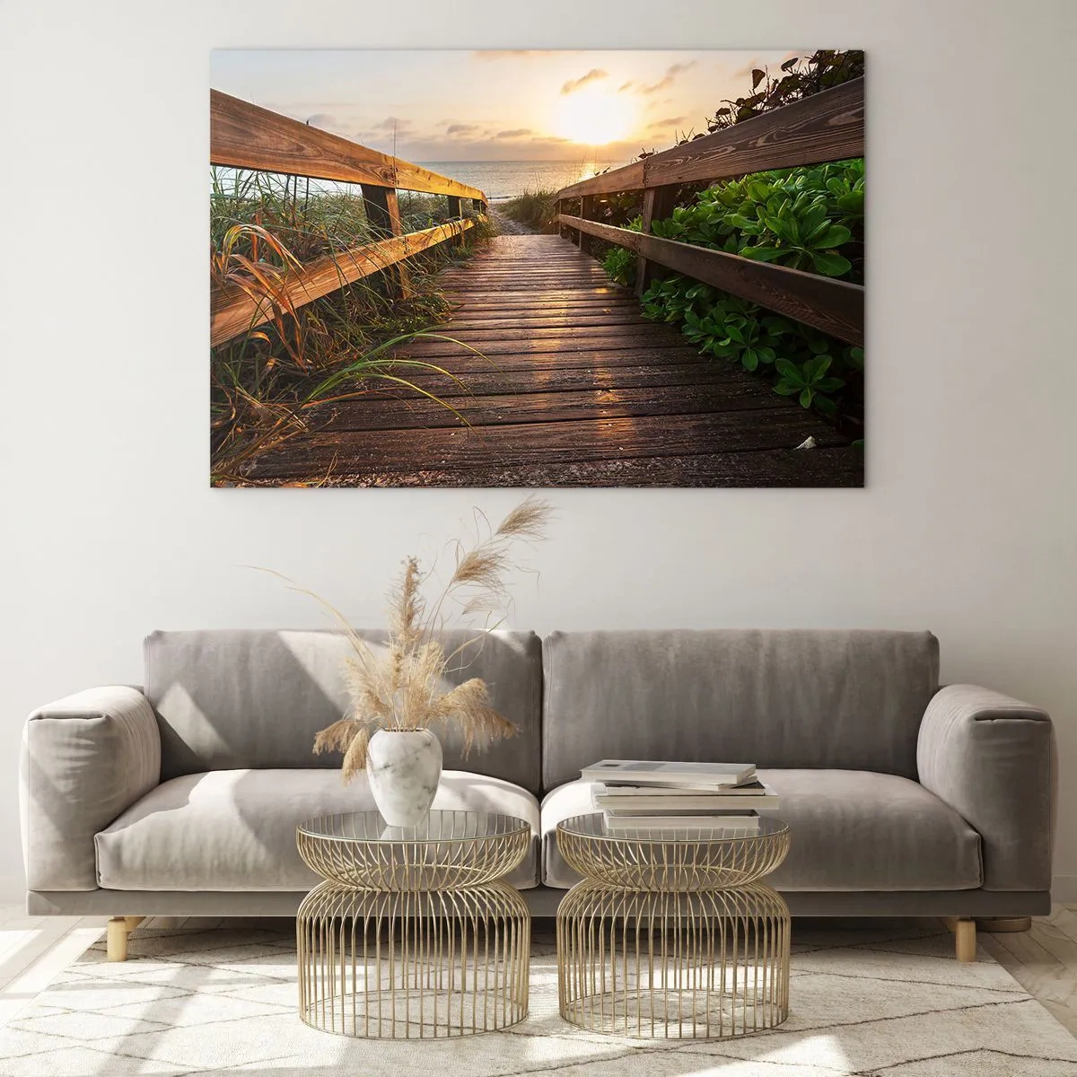 Cuadro sobre vidrio - Impresiones sobre Vidrio - Pasarela de madera que conduce a la playa al atardecer - 70x50cm - Y directamente a la orilla - Decoración de pared moderna para salón y dormitorio ARTTOR