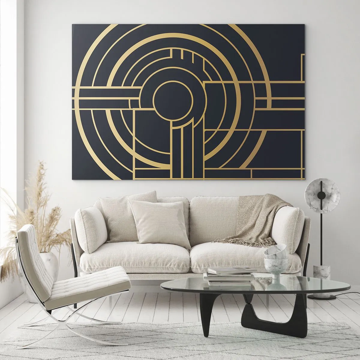 Cuadro sobre vidrio - Impresiones sobre Vidrio - Abstracción geométrica dorada y negra en estilo Art Déco - 100x70cm - Giro de los elementos - Decoración de pared moderna para salón y dormitorio ARTTOR