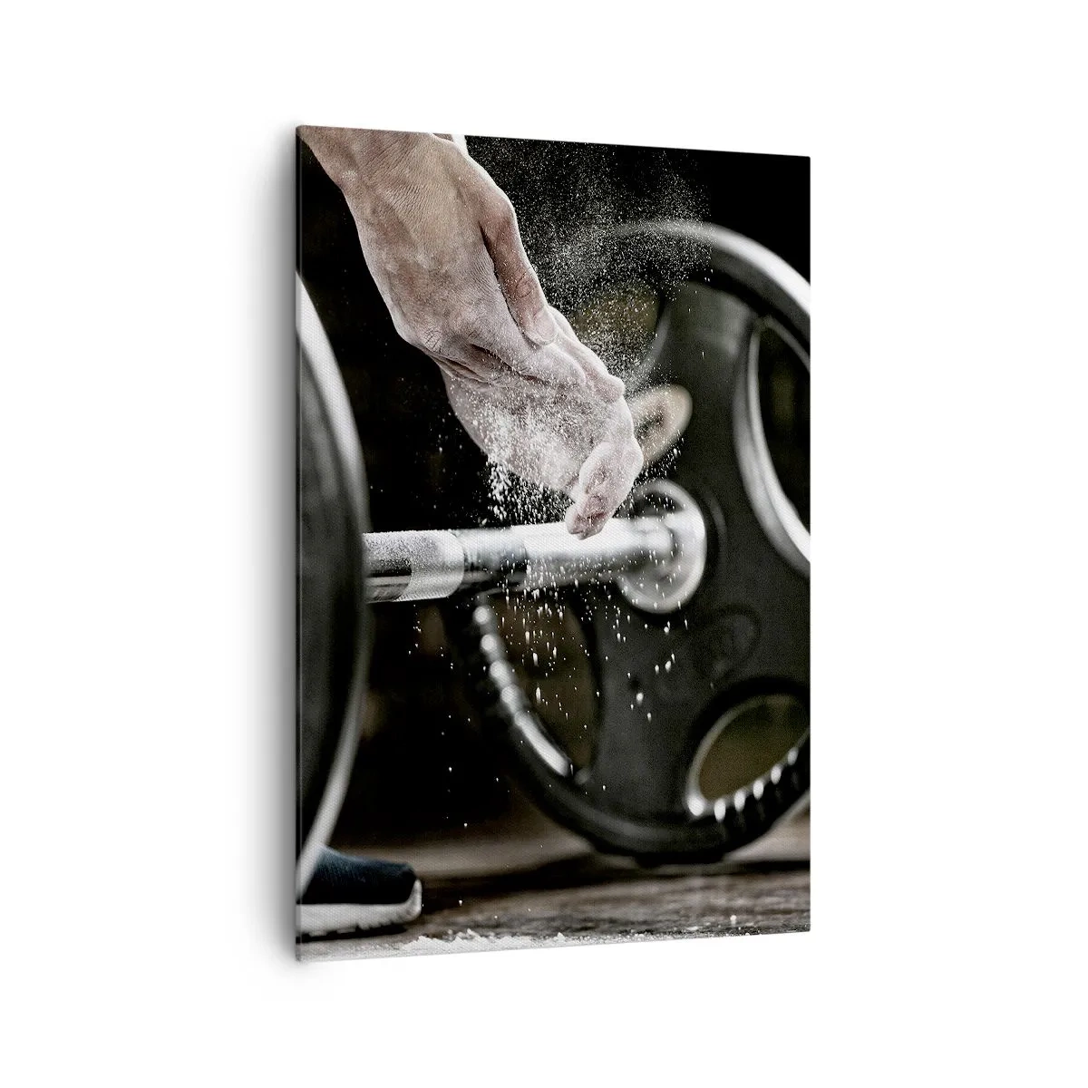Cuadro sobre lienzo - Impresión de Imagen - Mancuernas y manos de un atleta preparándose para el entrenamiento. - 70x100cm - ¡Reto aceptado! - Decoración de pared moderna para salón y dormitorio ARTTOR