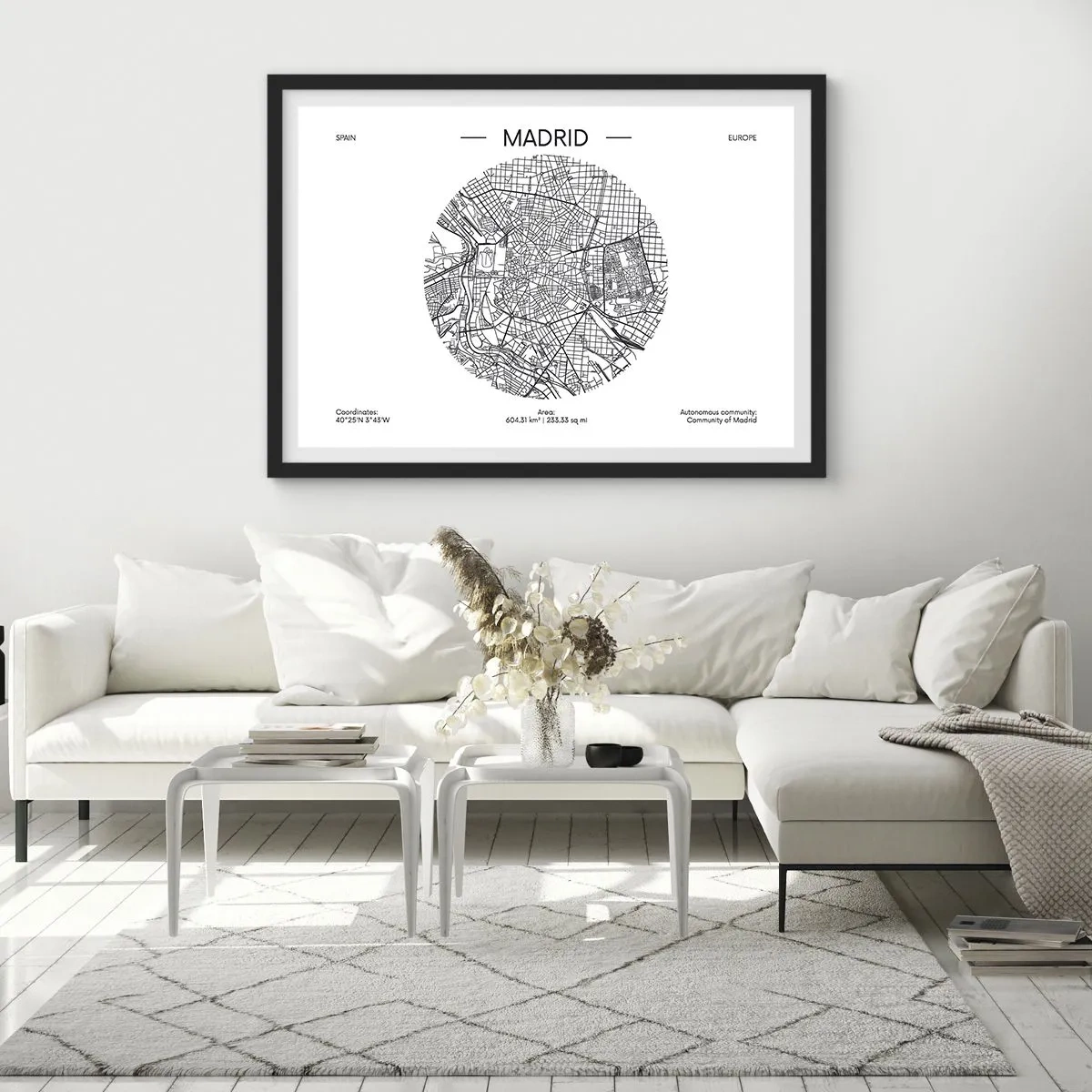 Póster en marco negro - Mapa de Madrid en estilo minimalista en blanco y negro - 70x50cm - Anatomía de Madrid - Decoración de pared moderna para salón y dormitorio ARTTOR
