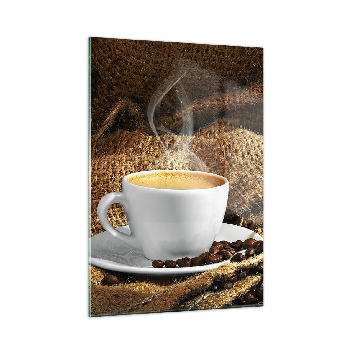 Cuadro sobre vidrio - Impresiones sobre Vidrio - Una taza de café con granos sobre un fondo de yute. - 50x70cm - Olor a moca y densidad del líquido meloso - Decoración de pared moderna para salón y dormitorio ARTTOR