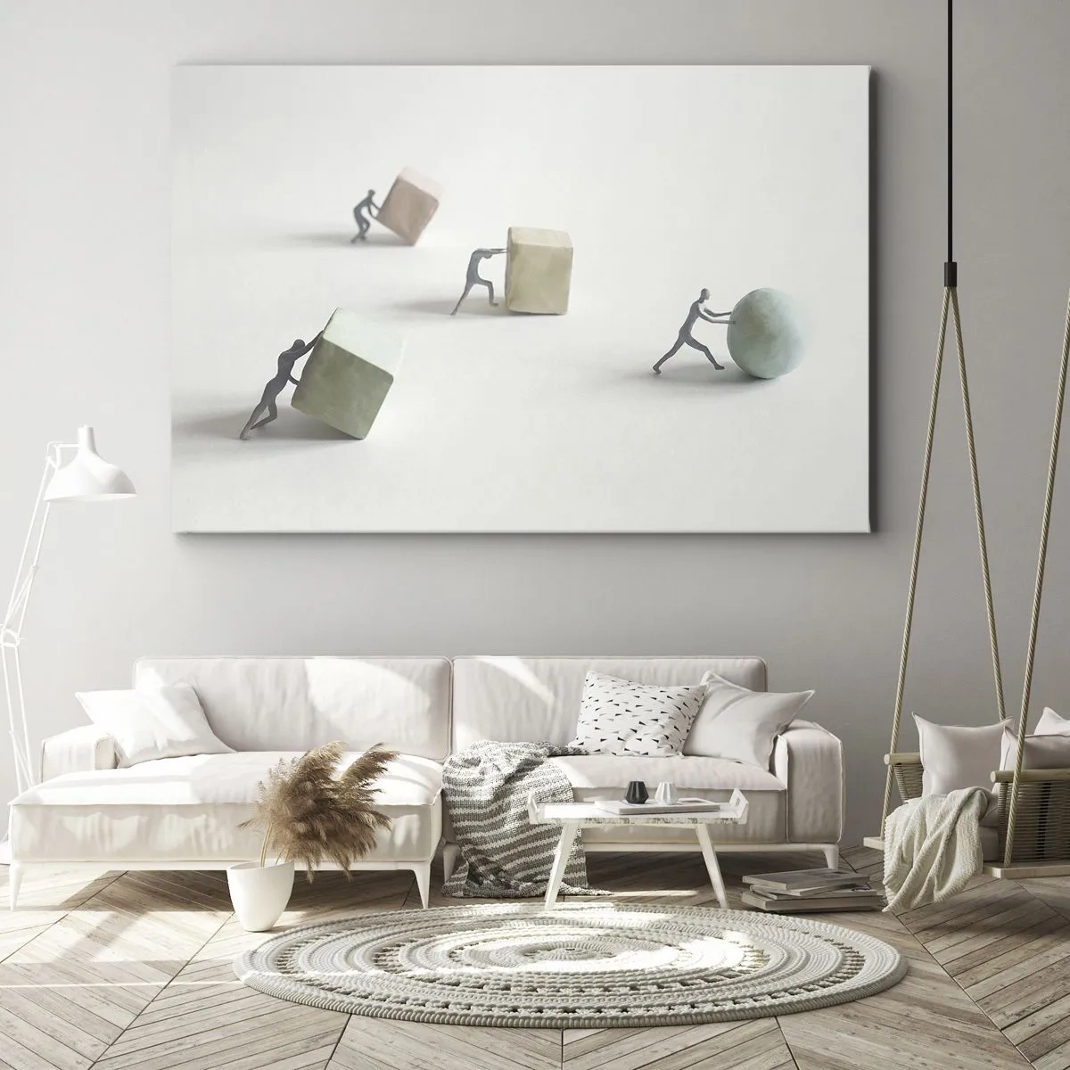 Cuadro sobre lienzo - Impresión de Imagen - Figuras en miniatura que empujan formas contra un fondo claro. - 70x50cm - El avance de la geometría - Decoración de pared moderna para salón y dormitorio ARTTOR