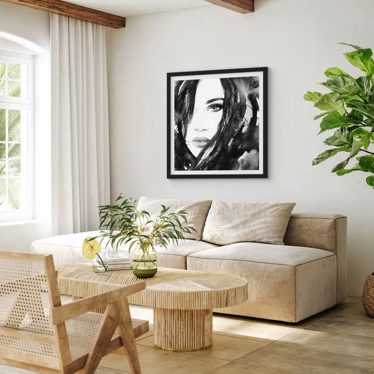 Póster en marco negro - Retrato de una dama en blanco y negro - 30x30 cm