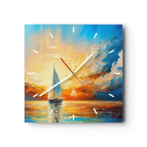 Reloj de pared - Reloj de vidrio - Un velero con el sol poniente y nubes de colores como telón de fondo. - 30x30cm - Navegando en oro - Decoración de pared moderna para salón y dormitorio ARTTOR