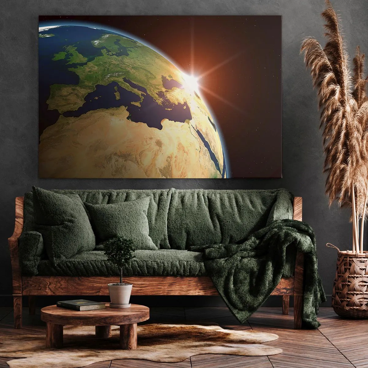 Cuadro sobre lienzo - Impresión de Imagen - Vista de la Tierra desde el espacio con rayos de sol en el horizonte - 120x80cm - Amanecer - Decoración de pared moderna para salón y dormitorio ARTTOR