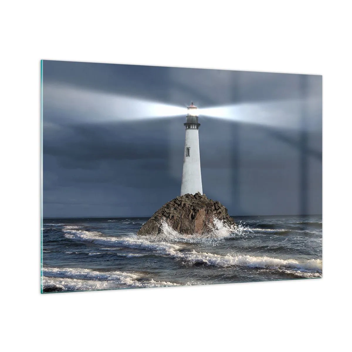Cuadro sobre vidrio - Impresiones sobre Vidrio - Un faro en una roca en medio de las fuertes olas de la noche. - 100x70cm - ¡Aquí... aquí... aquí! - Decoración de pared moderna para salón y dormitorio ARTTOR