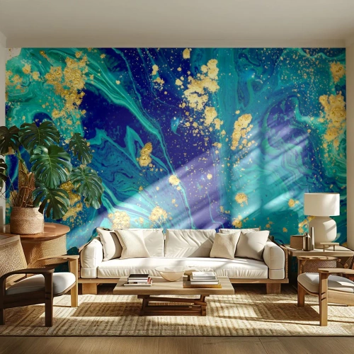 Fotomural Premium Canvas - Una composición abstracta con acentos azules, verdes y dorados. - 100x70cm - Pétalos de sol - Decoración de pared moderna para salón y dormitorio ARTTOR