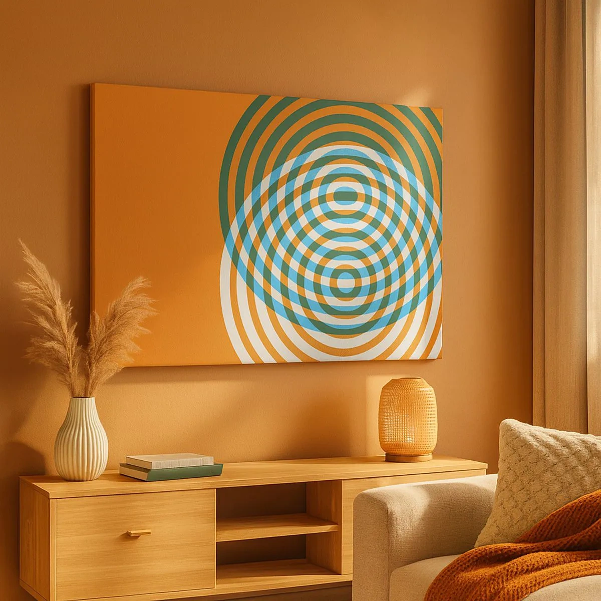 Cuadro sobre lienzo - Impresión de Imagen - Círculos concéntricos sobre un fondo naranja - 70x50cm - Círculos y abstracción - Decoración de pared moderna para salón y dormitorio ARTTOR