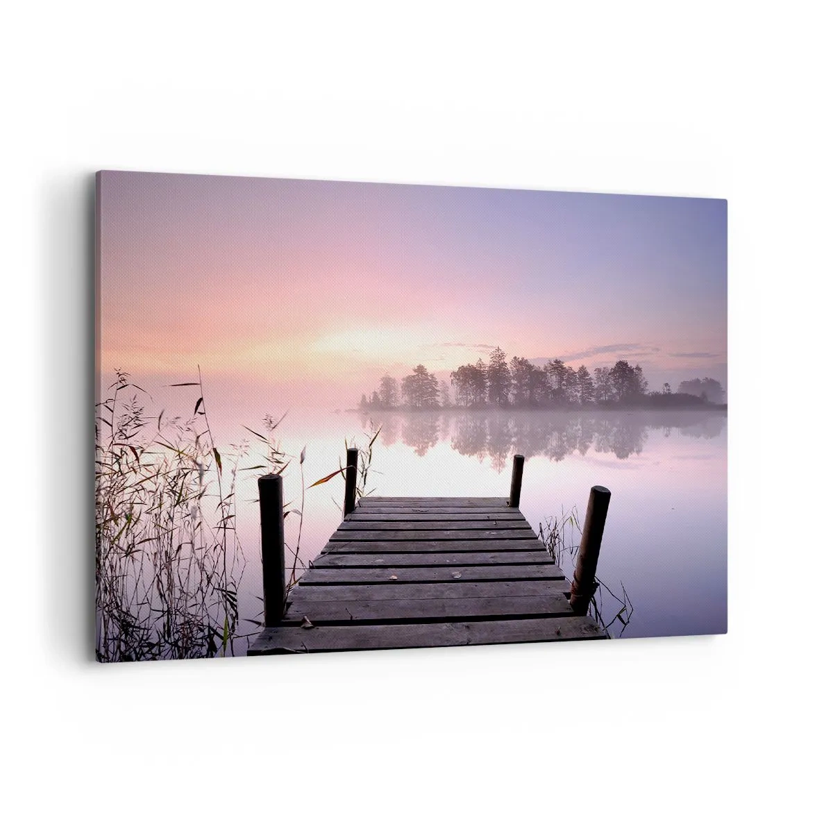 Cuadro sobre lienzo - Impresión de Imagen - Un embarcadero junto al lago al amanecer con niebla y un cielo pastel. - 100x70cm - De la niebla lila... - Decoración de pared moderna para salón y dormitorio ARTTOR