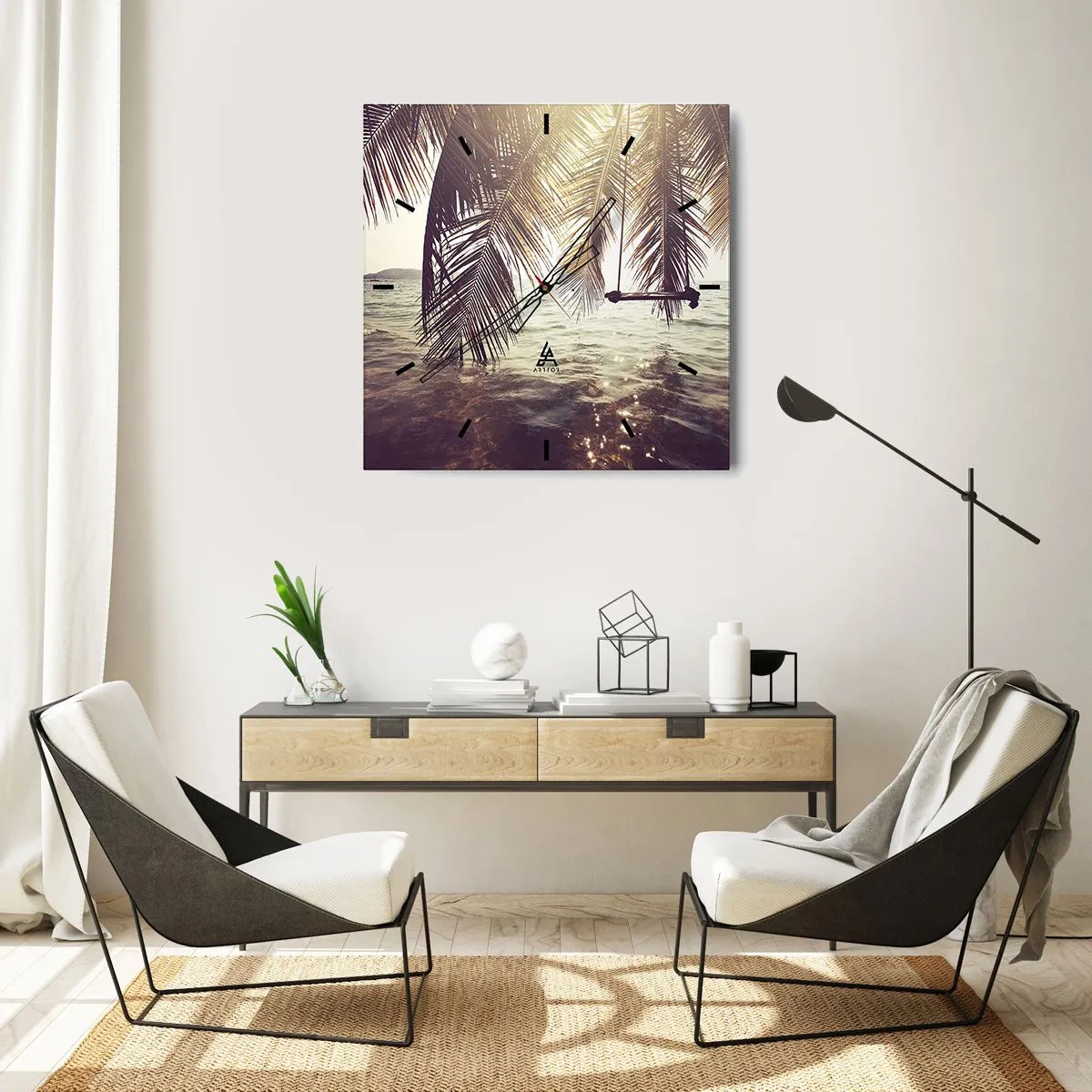 Reloj de pared - Reloj de vidrio - Palmera con columpio sobre el agua bajo la luz del sol. - 30x30cm - Columpiar la imaginación - Decoración de pared moderna para salón y dormitorio ARTTOR