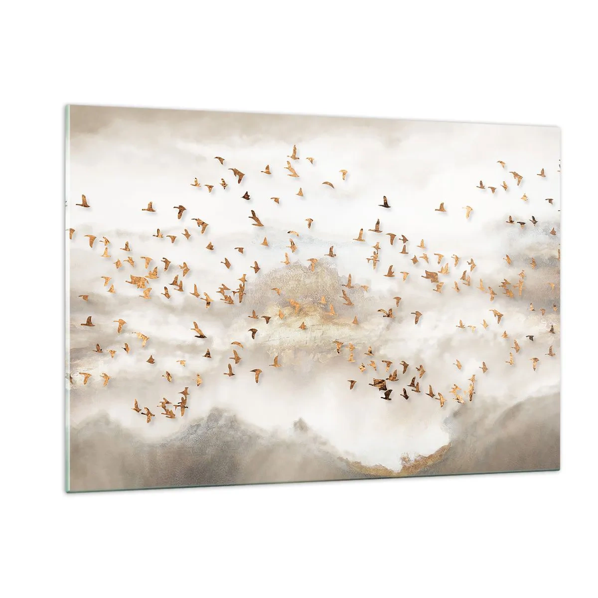 Cuadro sobre vidrio - Impresiones sobre Vidrio - Una bandada de pájaros volando sobre un paisaje brumoso. - 120x80cm - Es hora... - Decoración de pared moderna para salón y dormitorio ARTTOR