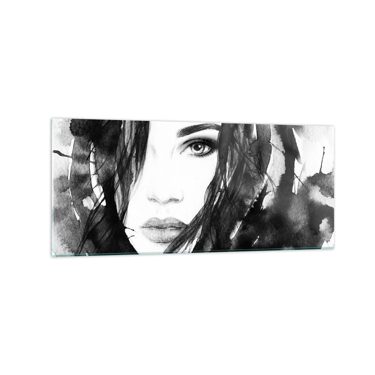 Cuadro sobre vidrio - Impresiones sobre Vidrio - Retrato de una mujer en acuarela en blanco y negro - 120x50cm - Retrato de una dama en blanco y negro - Decoración de pared moderna para salón y dormitorio ARTTOR