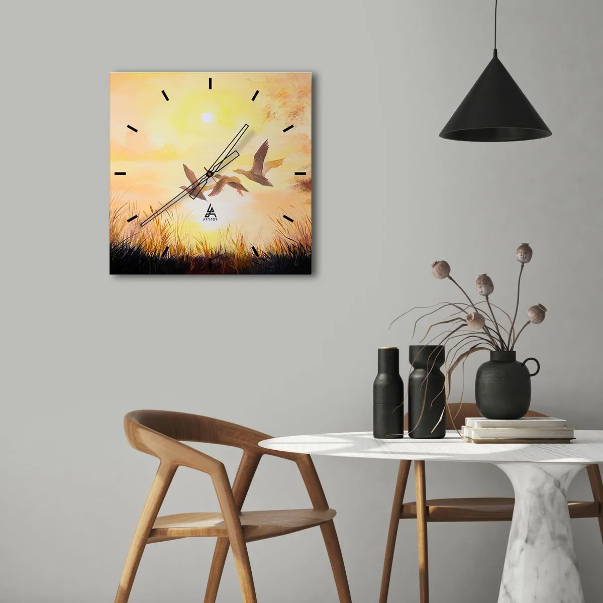 Reloj de pared - Reloj de vidrio - Patos volando al amanecer sobre el lago - 30x30cm - El comienzo de un largo viaje - Decoración de pared moderna para salón y dormitorio ARTTOR