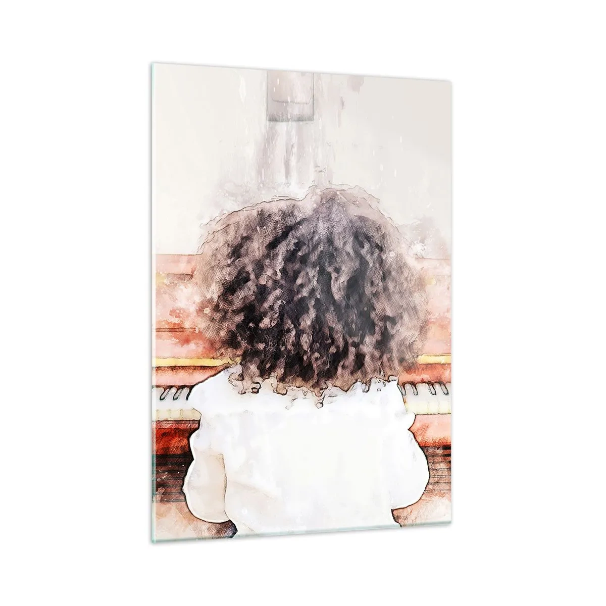 Cuadro sobre vidrio - Impresiones sobre Vidrio - Un niño con pelo rizado tocando el piano. - 50x70cm - Descubriendo un mundo nuevo - Decoración de pared moderna para salón y dormitorio ARTTOR