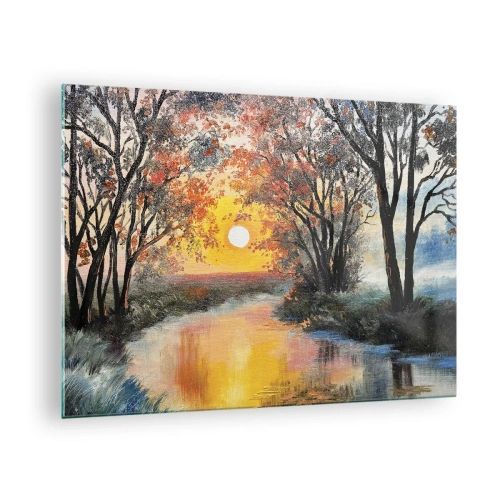 Cuadro sobre vidrio - Impresiones sobre Vidrio - Puesta de sol sobre el río entre los árboles. - 70x50cm - Ambiente otoñal - Decoración de pared moderna para salón y dormitorio ARTTOR