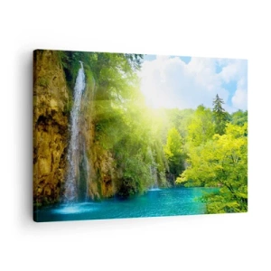 Cuadro sobre lienzo - Impresión de Imagen - Una cascada que desemboca en un lago turquesa rodeado de vegetación. - 70x50cm - Debe ser el Edén - Decoración de pared moderna para salón y dormitorio ARTTOR