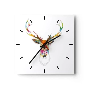 Reloj de pared - Reloj de vidrio - Cabeza de ciervo colorida en estilo artístico. - 30x30cm - Un suave ciervo bañado en color - Decoración de pared moderna para salón y dormitorio ARTTOR